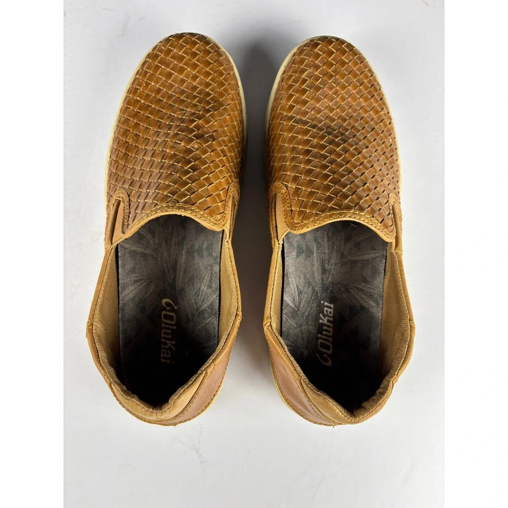OluKai Lae'ahi Lauhala Woven Leather Slip On Shoes Size 9.5 Fox Tan